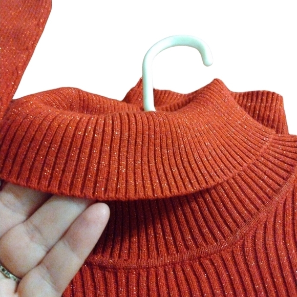 Red Shimmer Turtleneck Ribbed Basic Editions Long Slve Sweater Holiday Festive L - Picture 3 of 9